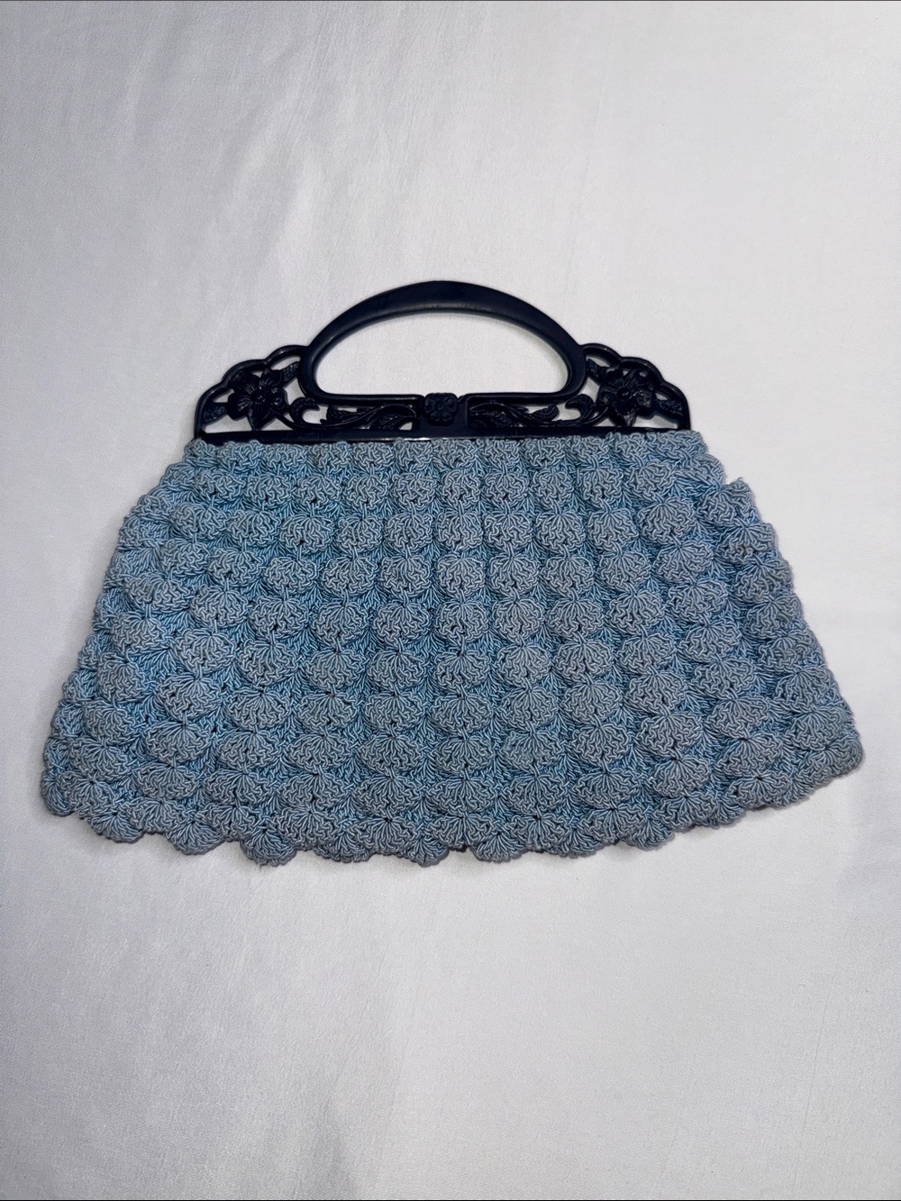 Handcrafted Light Blue Crochet Clutch with Black Decorative Handle